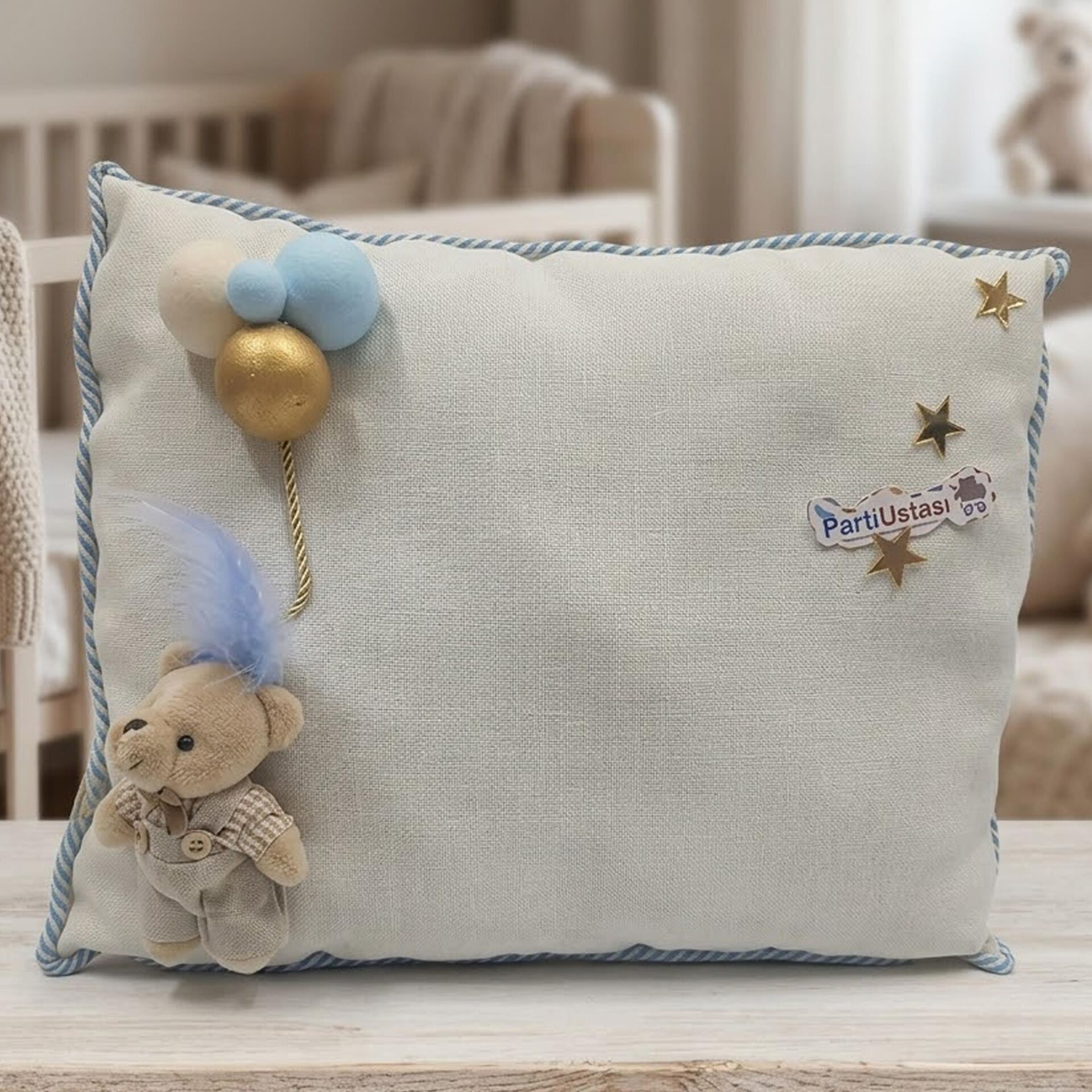 YASTIK TOPLU AYICIKLI KREM / MAVİ