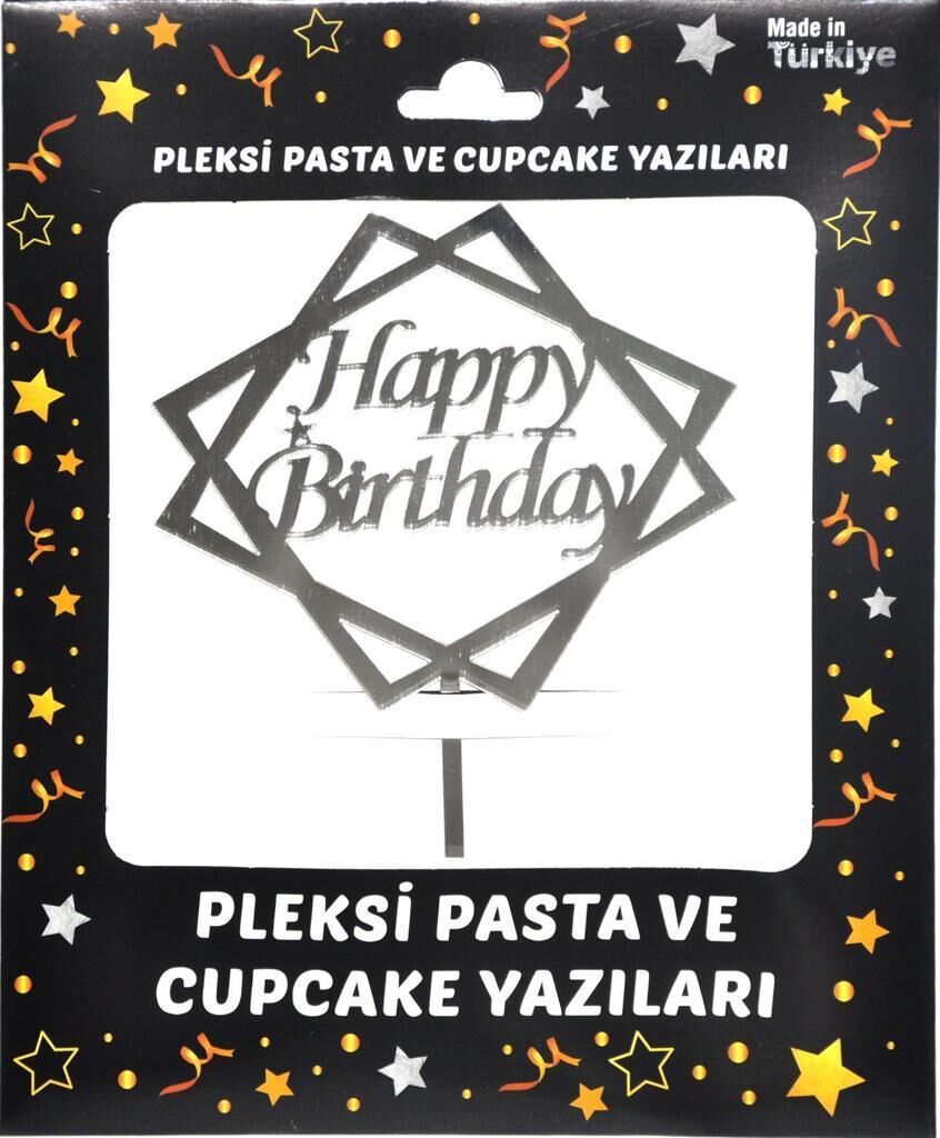 PASTA YAZISI PLEKSİ HAPPY BIRTHDAY ÇERÇEVELİ GÜMÜŞ