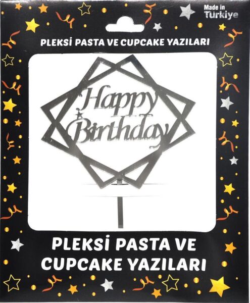 PASTA YAZISI PLEKSİ HAPPY BIRTHDAY ÇERÇEVELİ GÜMÜŞ