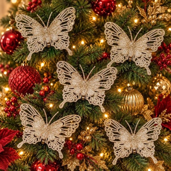 KELEBEK NOEL 5 Lİ SİMLİ AĞAÇ SÜSÜ ROZ