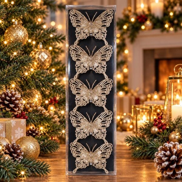 KELEBEK NOEL 5 Lİ SİMLİ AĞAÇ SÜSÜ ROZ
