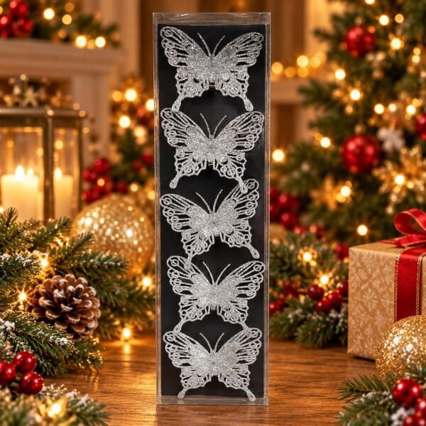 KELEBEK NOEL 5 Lİ SİMLİ AĞAÇ SÜSÜ GÜMÜŞ