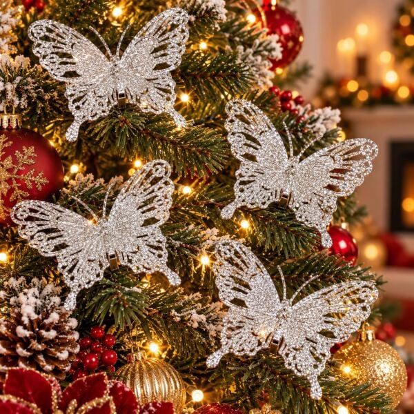 KELEBEK NOEL 5 Lİ SİMLİ AĞAÇ SÜSÜ GÜMÜŞ