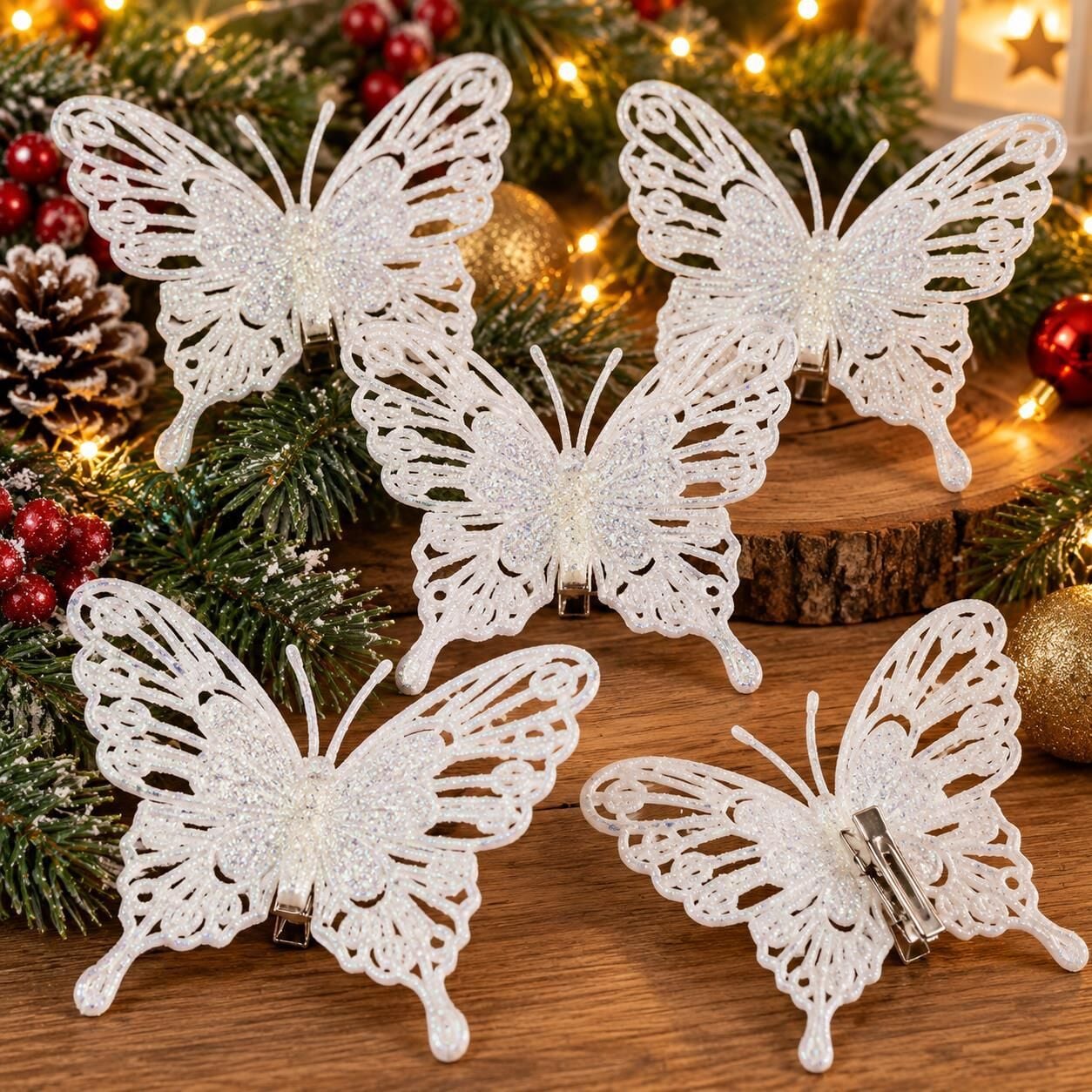 KELEBEK NOEL 5 Lİ SİMLİ AĞAÇ SÜSÜ BEYAZ