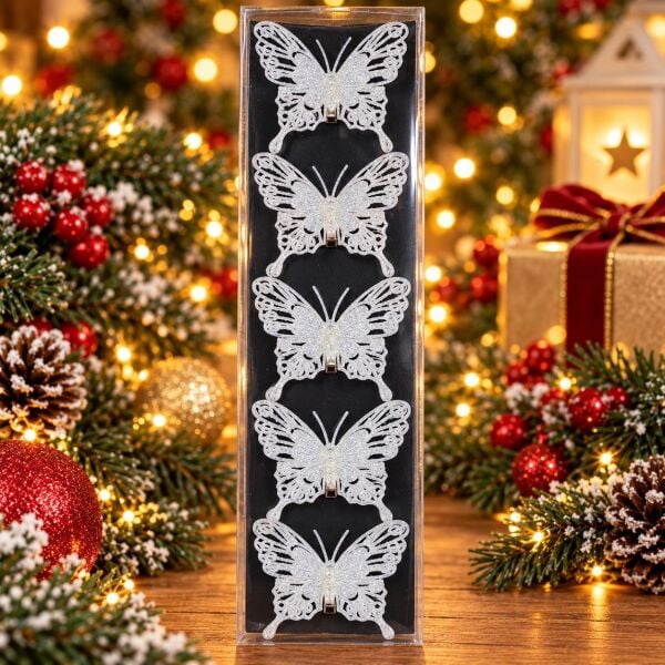 KELEBEK NOEL 5 Lİ SİMLİ AĞAÇ SÜSÜ BEYAZ