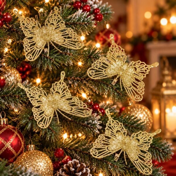 KELEBEK NOEL 5 Lİ SİMLİ AĞAÇ SÜSÜ GOLD
