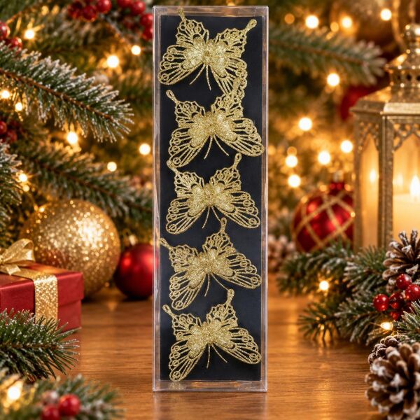 KELEBEK NOEL 5 Lİ SİMLİ AĞAÇ SÜSÜ GOLD