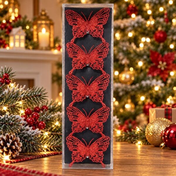 KELEBEK NOEL 5 Lİ SİMLİ AĞAÇ SÜSÜ KIRMIZI