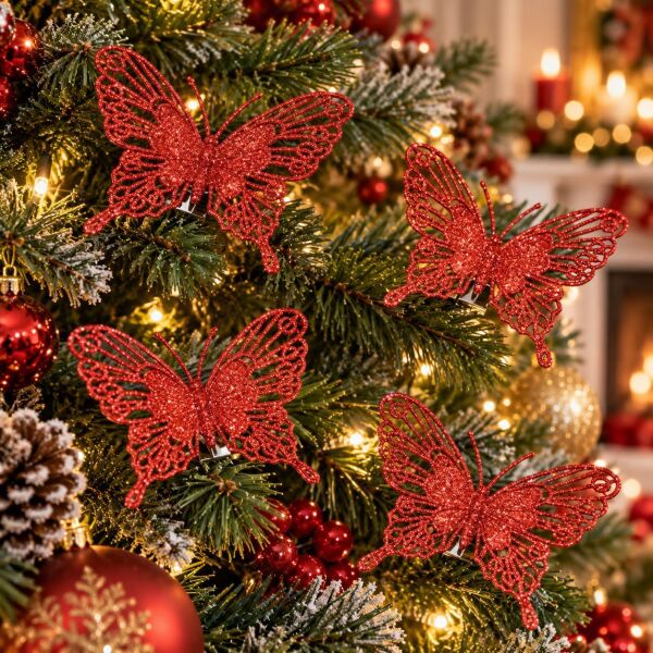 KELEBEK NOEL 5 Lİ SİMLİ AĞAÇ SÜSÜ KIRMIZI